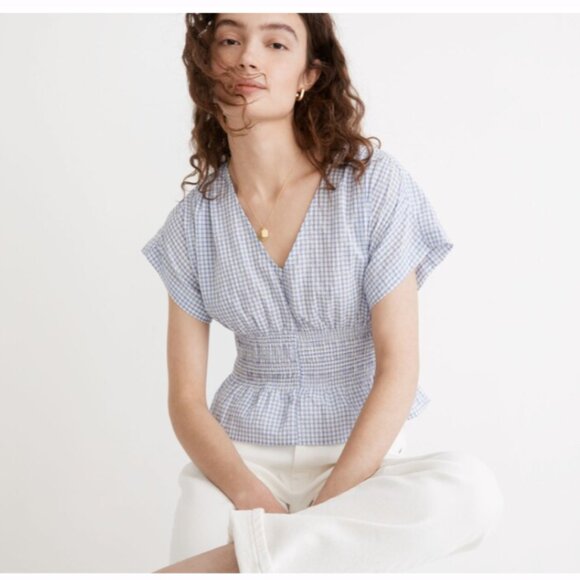 Madewell V-Neck Smocked-Waist Top in Gingham Seersucker Blue / White Size XXS - Picture 1 of 9
